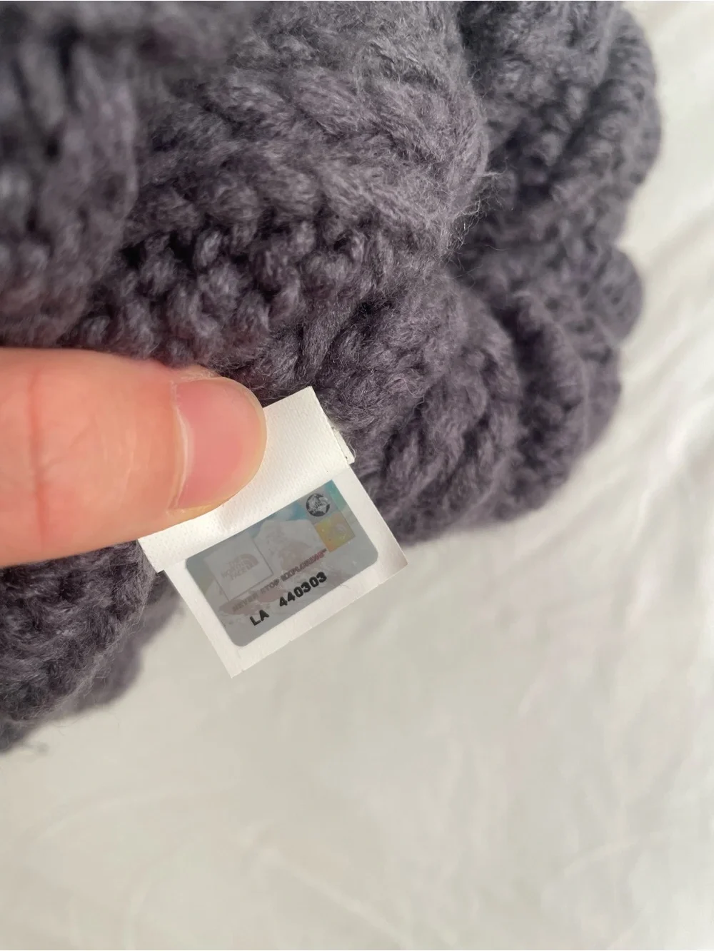 The North Face Purple Gray Cable Knit Beanie with Pom Pom
